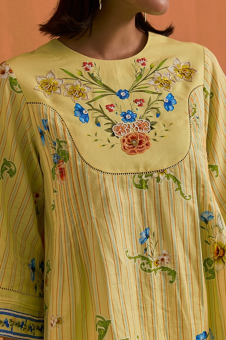 Yellow Tencel Hemp Floral Hand Embroidered Co-Ord Set by POZRUH at Pernia's Pop Up Shop