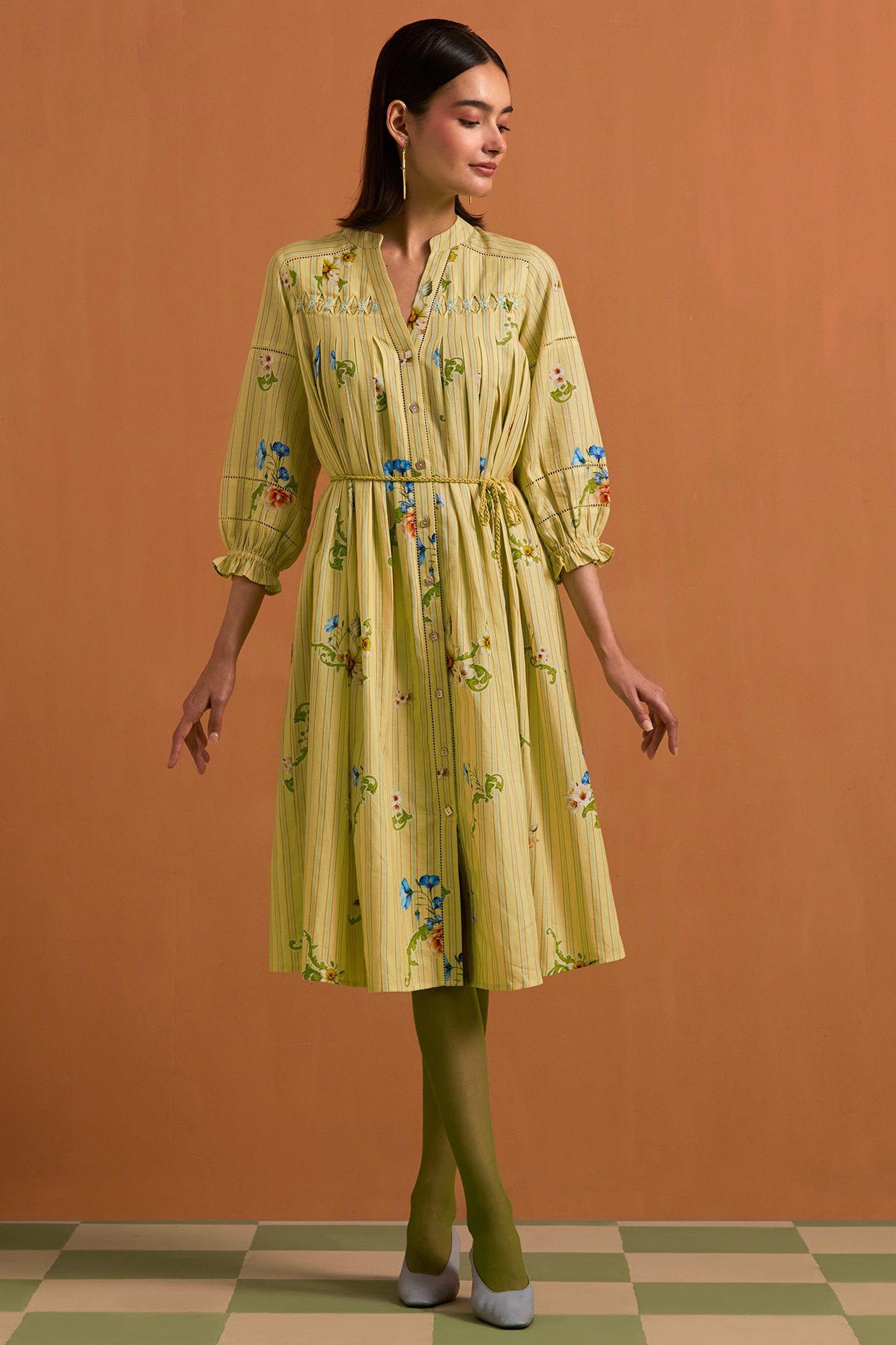 POZRUH Yellow Hemp Tencel Floral Printed & Hand Embroidered Striped Midi Dress
