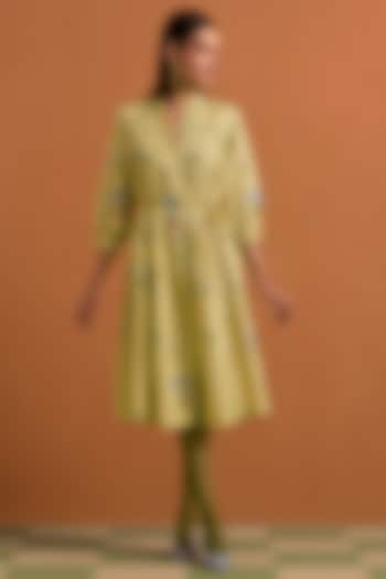 Yellow Hemp Tencel Floral Printed & Hand Embroidered Striped Midi Summer Dress by POZRUH at Pernia's Pop Up Shop