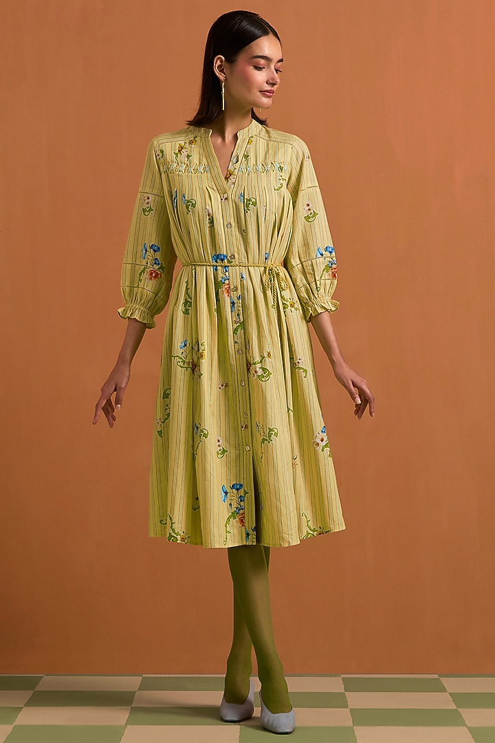 Yellow Hemp Tencel Floral Printed & Hand Embroidered Striped Midi Summer Dress by POZRUH at Pernia's Pop Up Shop