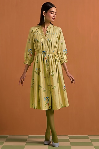 Yellow Hemp Tencel Floral Printed & Hand Embroidered Striped Midi Dress by POZRUH