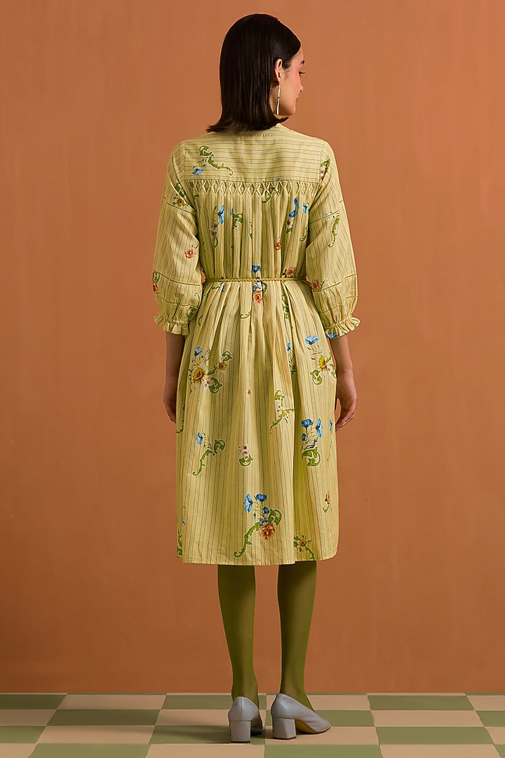 Yellow Hemp Tencel Floral Printed & Hand Embroidered Striped Midi Summer Dress by POZRUH at Pernia's Pop Up Shop