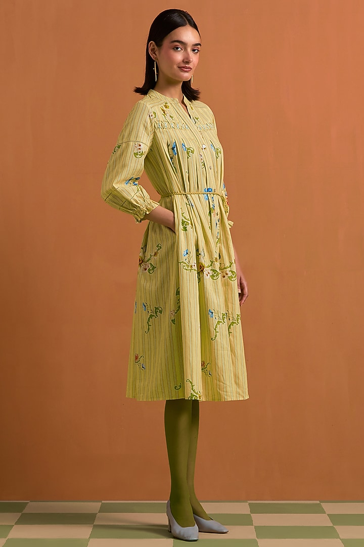 Yellow Hemp Tencel Floral Printed & Hand Embroidered Striped Midi Summer Dress by POZRUH at Pernia's Pop Up Shop