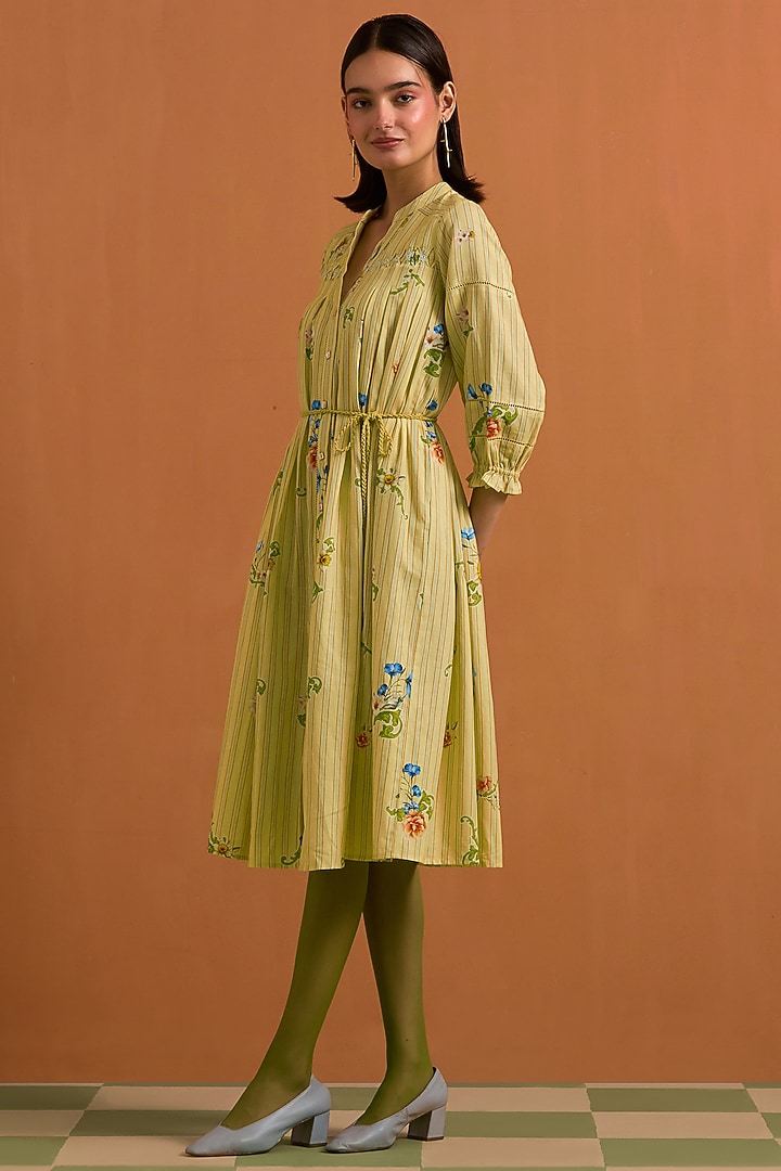 Yellow Hemp Tencel Floral Printed & Hand Embroidered Striped Midi Summer Dress by POZRUH at Pernia's Pop Up Shop