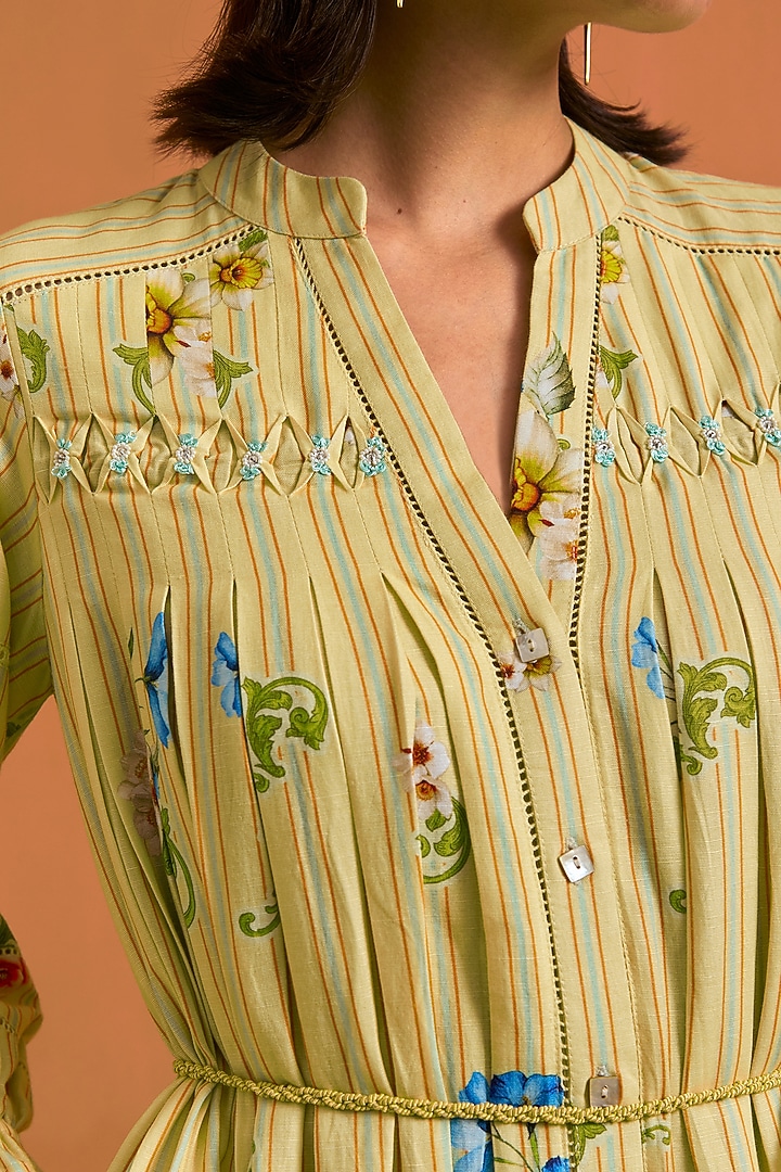 Yellow Hemp Tencel Floral Printed & Hand Embroidered Striped Midi Summer Dress by POZRUH at Pernia's Pop Up Shop