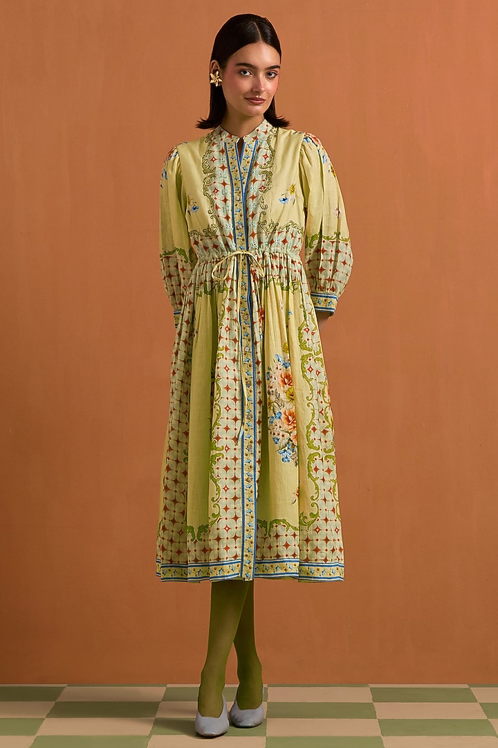 Yellow Hemp Hand Embroidered Midi Vacation Dress by POZRUH at Pernia's Pop Up Shop