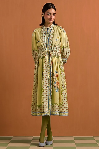 Yellow Hemp Hand Embroidered Midi Dress by POZRUH