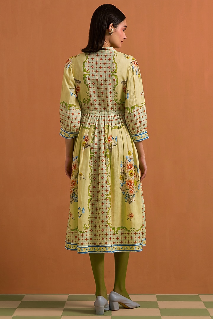 Yellow Hemp Hand Embroidered Midi Vacation Dress by POZRUH at Pernia's Pop Up Shop