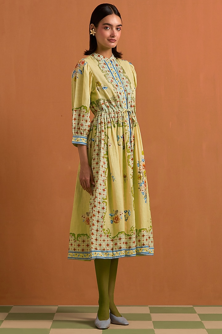 Yellow Hemp Hand Embroidered Midi Vacation Dress by POZRUH at Pernia's Pop Up Shop