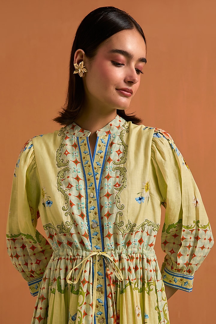 Yellow Hemp Hand Embroidered Midi Vacation Dress by POZRUH at Pernia's Pop Up Shop