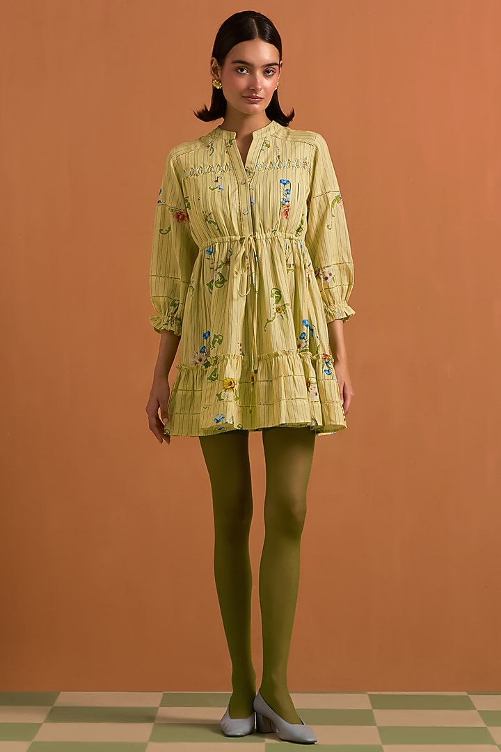 Yellow Tencel Hemp Floral Print Striped Mini Summer Dress by POZRUH at Pernia's Pop Up Shop