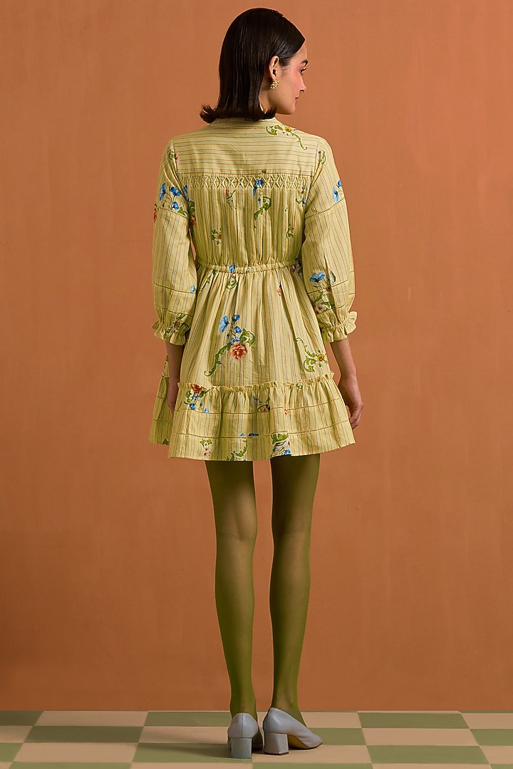 Yellow Tencel Hemp Floral Print Striped Mini Summer Dress by POZRUH at Pernia's Pop Up Shop