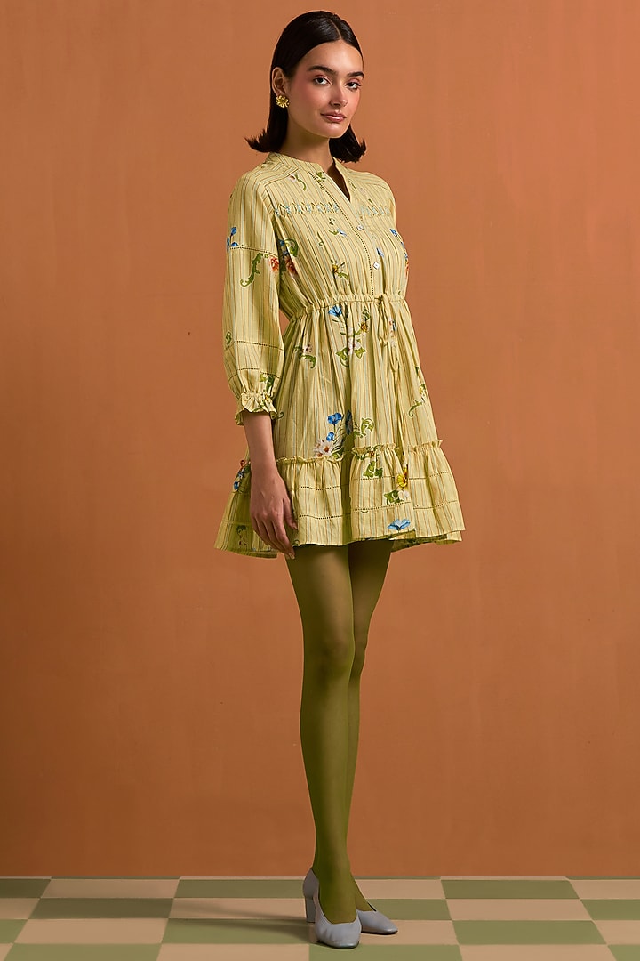 Yellow Tencel Hemp Floral Print Striped Mini Summer Dress by POZRUH at Pernia's Pop Up Shop