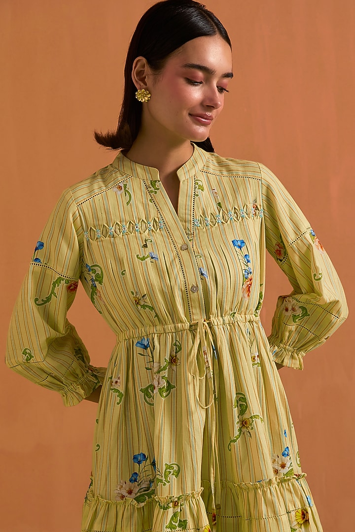 Yellow Tencel Hemp Floral Print Striped Mini Summer Dress by POZRUH at Pernia's Pop Up Shop