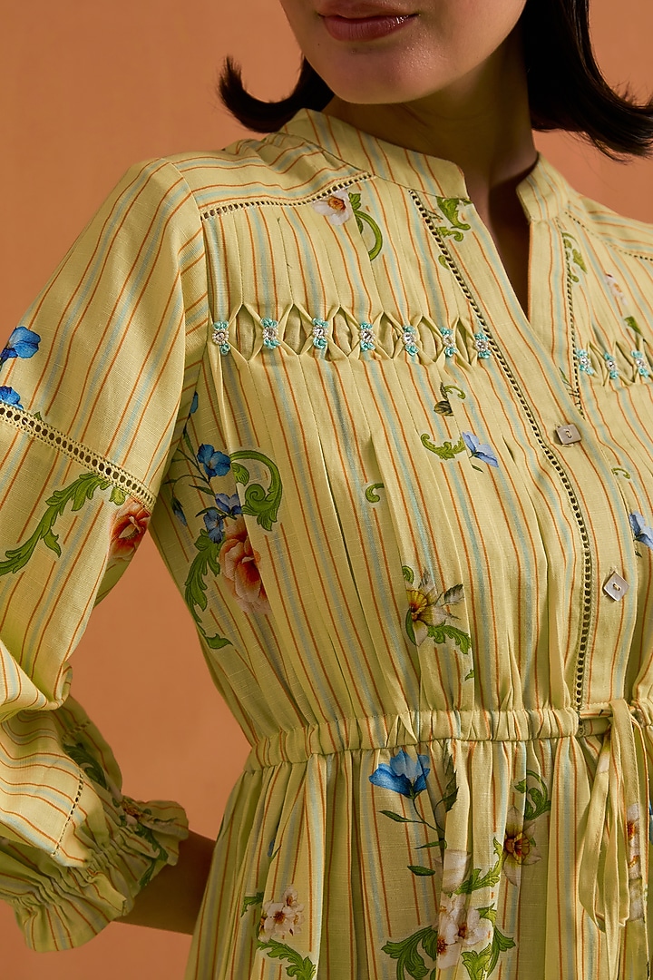 Yellow Tencel Hemp Floral Print Striped Mini Summer Dress by POZRUH at Pernia's Pop Up Shop