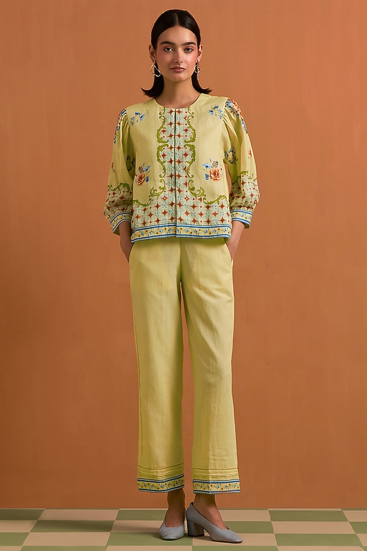Yellow Hemp Crystal Embellished Co-Ord Set by POZRUH at Pernia's Pop Up Shop