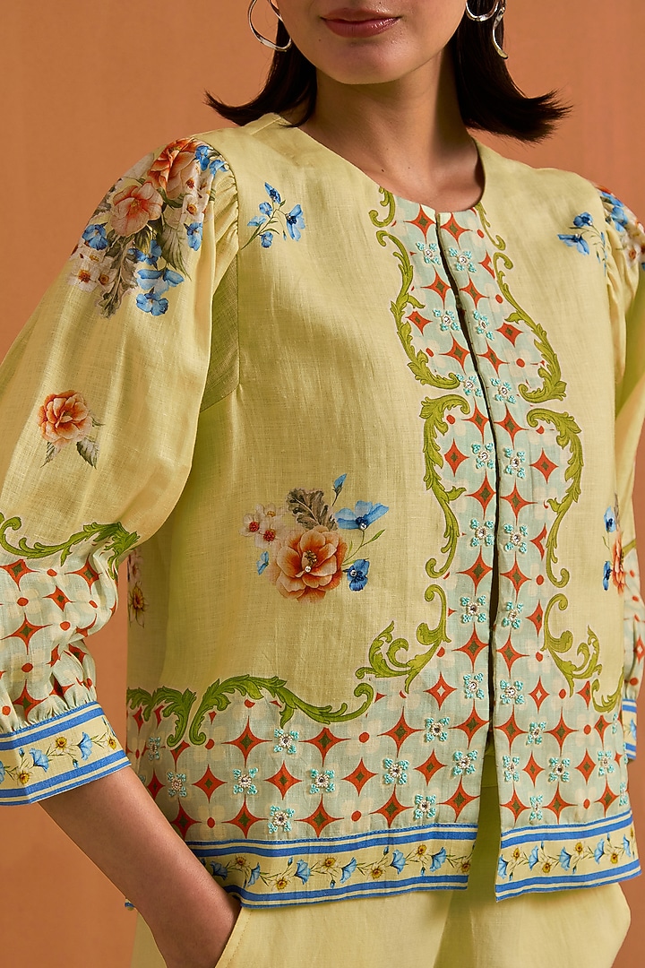 Yellow Hemp Crystal Embellished Co-Ord Set by POZRUH at Pernia's Pop Up Shop
