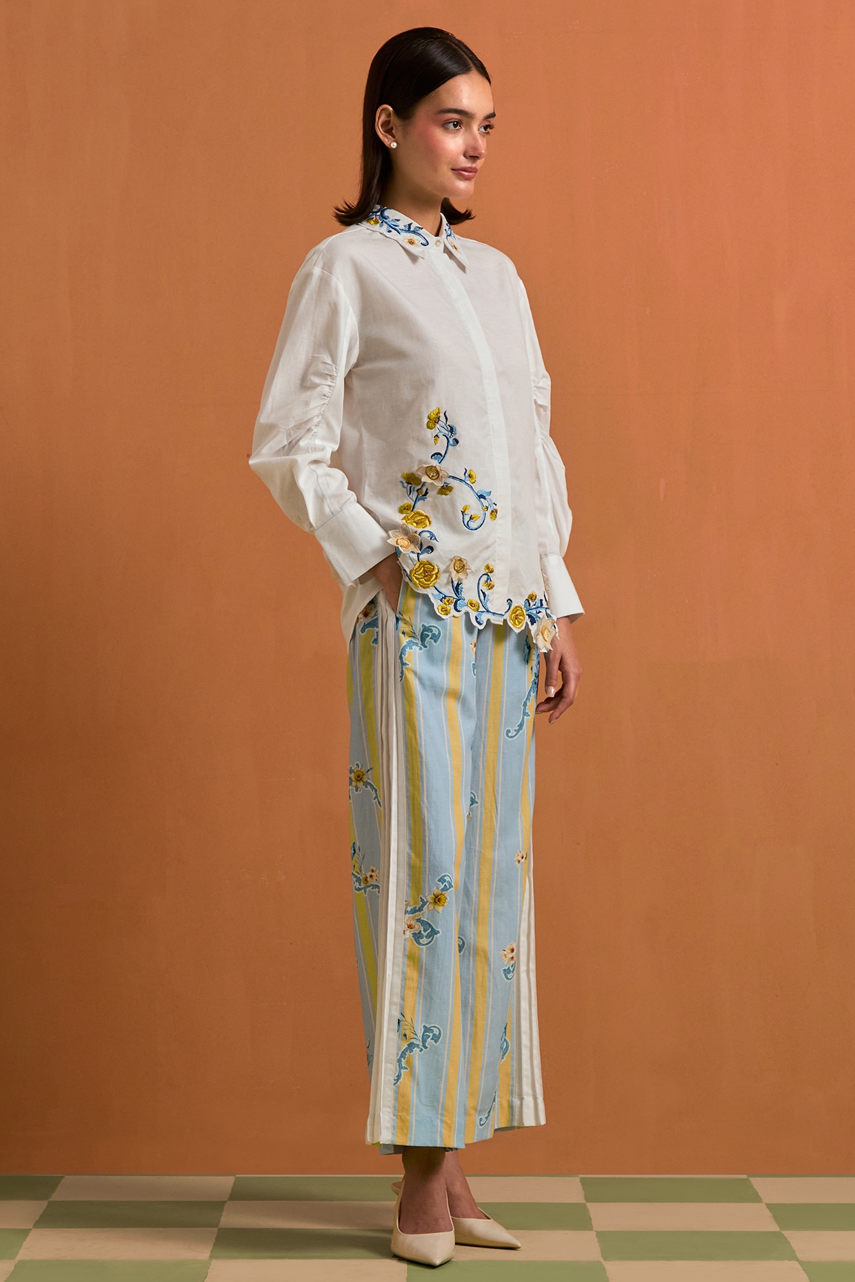POZRUH Sky Blue Tencel Hemp Digital Printed & Hand Embroidered Co-Ord Set