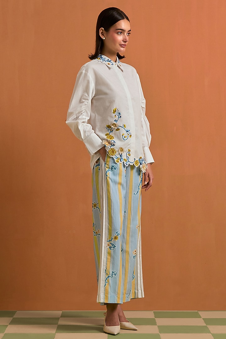 Sky Blue Tencel Hemp Digital Printed & Hand Embroidered Co-Ord Set by POZRUH at Pernia's Pop Up Shop