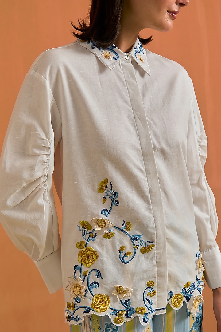 Sky Blue Tencel Hemp Digital Printed & Hand Embroidered Co-Ord Set by POZRUH at Pernia's Pop Up Shop