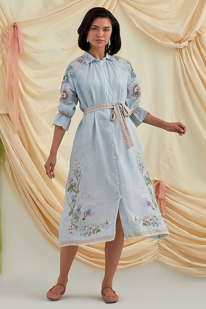 Sky Blue Pure Hemp Floral Embroidered Vacation Shirt Dress by POZRUH at Pernia's Pop Up Shop