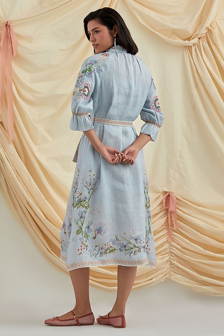 Sky Blue Pure Hemp Floral Embroidered Vacation Shirt Dress by POZRUH at Pernia's Pop Up Shop
