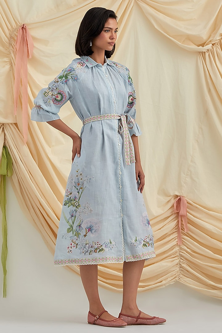 Sky Blue Pure Hemp Floral Embroidered Vacation Shirt Dress by POZRUH at Pernia's Pop Up Shop