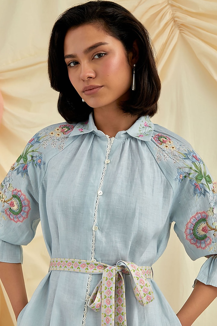 Sky Blue Pure Hemp Floral Embroidered Vacation Shirt Dress by POZRUH at Pernia's Pop Up Shop