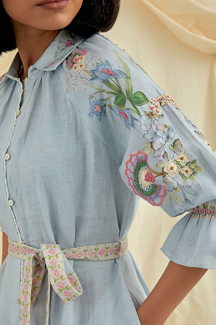 Sky Blue Pure Hemp Floral Embroidered Vacation Shirt Dress by POZRUH at Pernia's Pop Up Shop