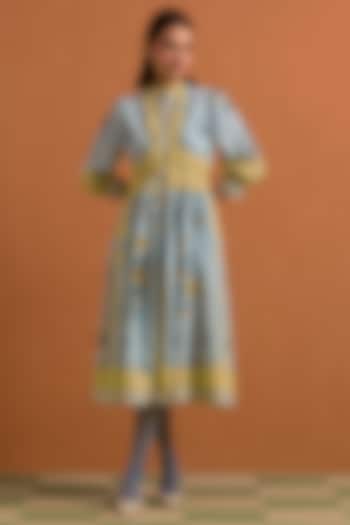 Sky Blue Hemp Hand Embroidered Midi Vacation Dress by POZRUH at Pernia's Pop Up Shop