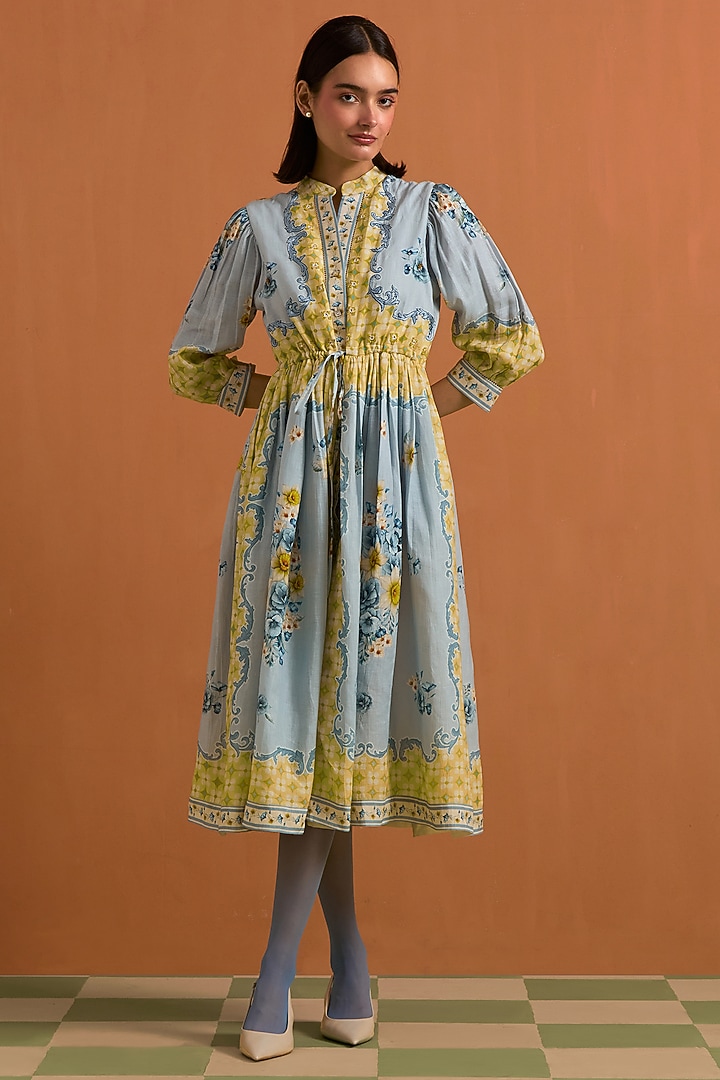 Sky Blue Hemp Hand Embroidered Midi Vacation Dress by POZRUH at Pernia's Pop Up Shop