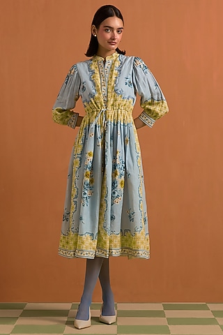 Sky Blue Hemp Hand Embroidered Midi Dress by POZRUH
