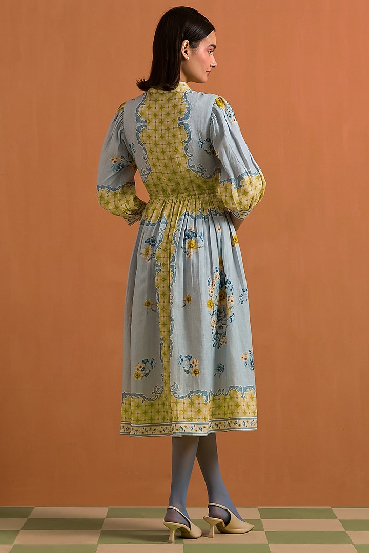 Sky Blue Hemp Hand Embroidered Midi Vacation Dress by POZRUH at Pernia's Pop Up Shop
