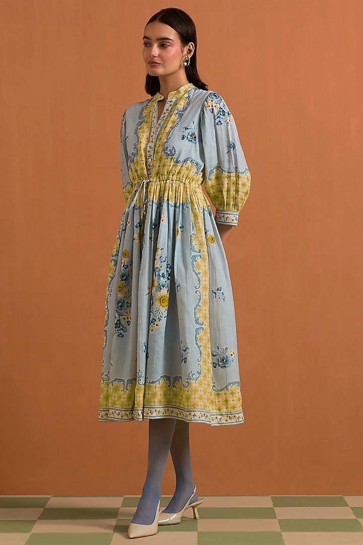 Sky Blue Hemp Hand Embroidered Midi Vacation Dress by POZRUH at Pernia's Pop Up Shop