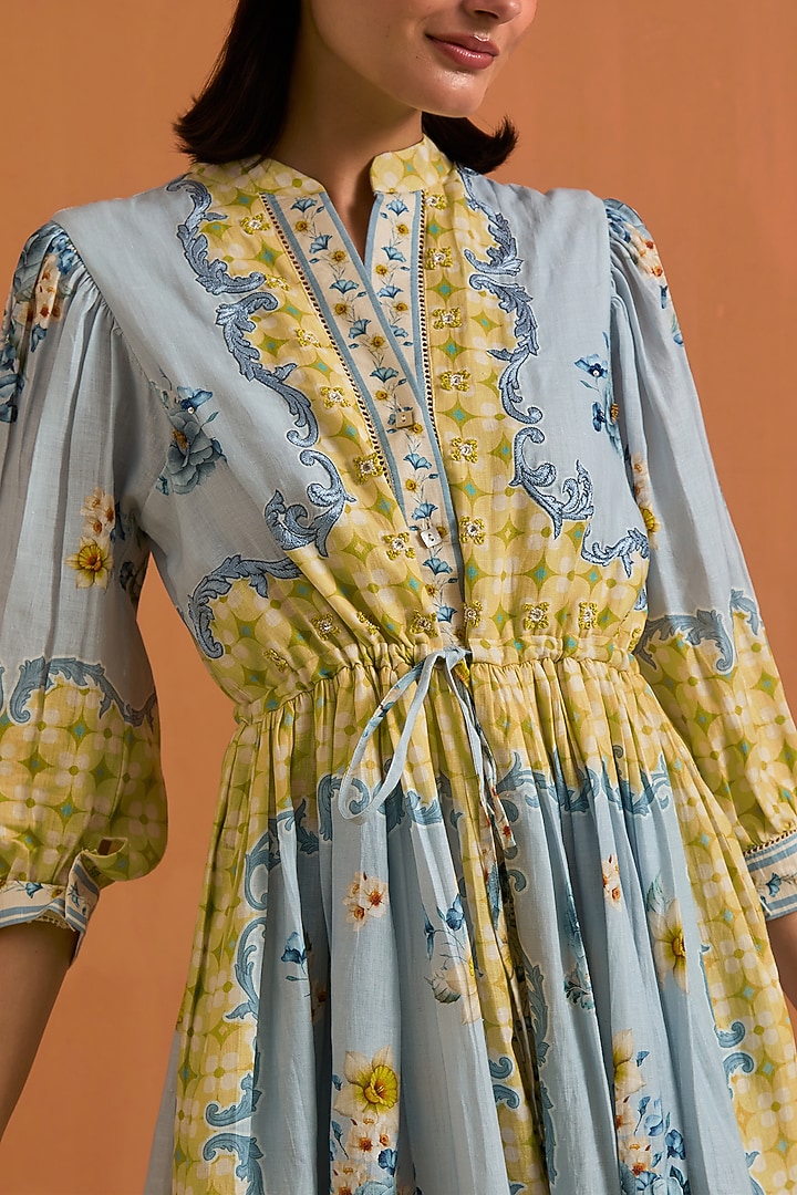 Sky Blue Hemp Hand Embroidered Midi Vacation Dress by POZRUH at Pernia's Pop Up Shop