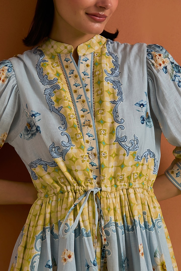 Sky Blue Hemp Hand Embroidered Midi Vacation Dress by POZRUH at Pernia's Pop Up Shop