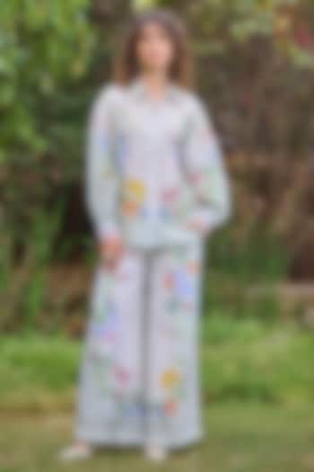 Ivory Linen Vegan Silk Floral Embroidered Co-Ord Set by POZRUH at Pernia's Pop Up Shop