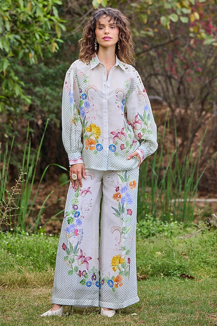 Ivory Linen Vegan Silk Floral Embroidered Co-Ord Set by POZRUH at Pernia's Pop Up Shop
