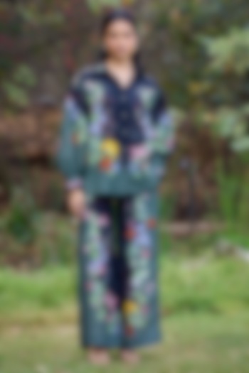 Black Linen Vegan Silk Floral Embroidered Co-Ord Set by POZRUH at Pernia's Pop Up Shop