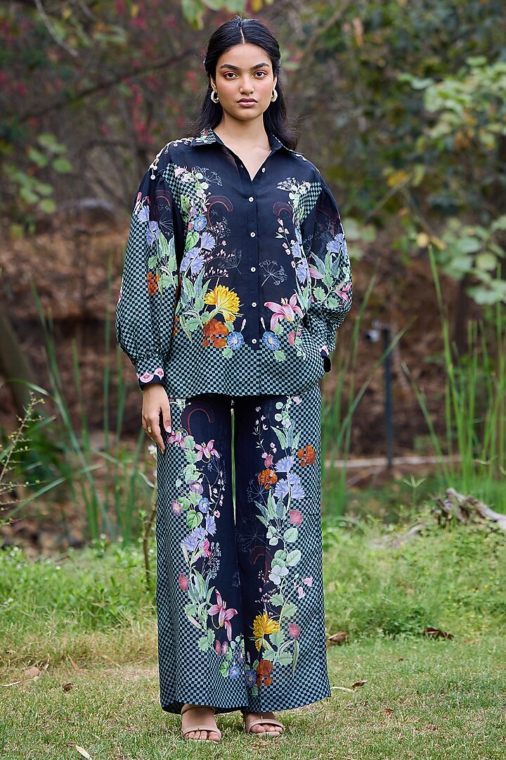 Black Linen Vegan Silk Floral Embroidered Co-Ord Set by POZRUH at Pernia's Pop Up Shop