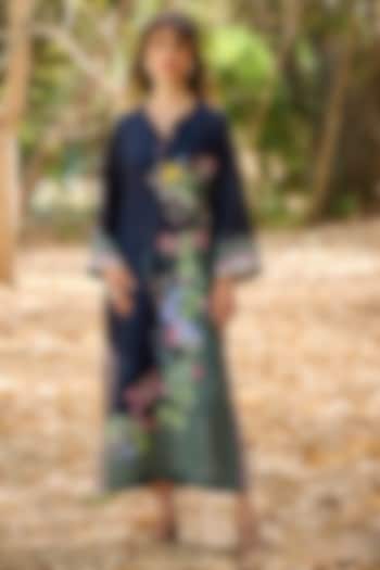 Black Linen Vegan Silk Printed & Embroidered Kaftan by POZRUH at Pernia's Pop Up Shop