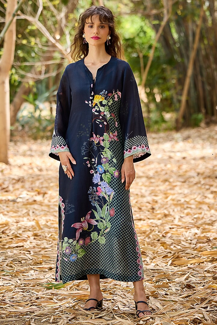 Black Linen Vegan Silk Printed & Embroidered Kaftan by POZRUH at Pernia's Pop Up Shop