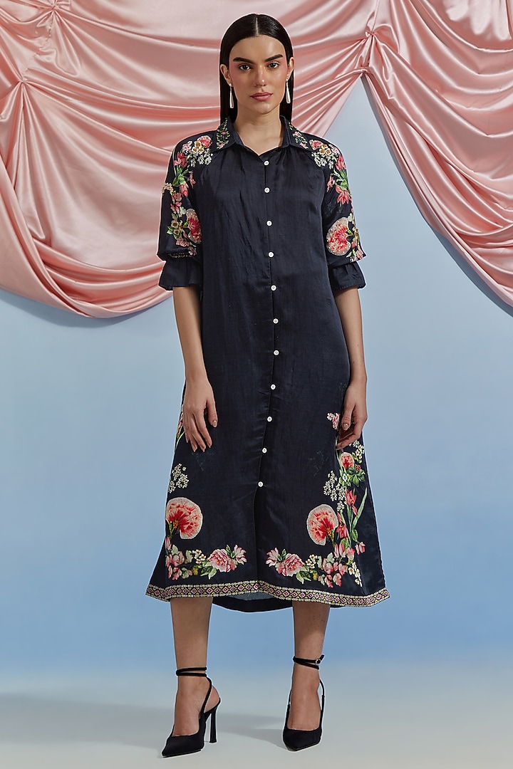 Black Linen Satin Floral Hand Embroidered Vacation Shirt Dress by POZRUH at Pernia's Pop Up Shop