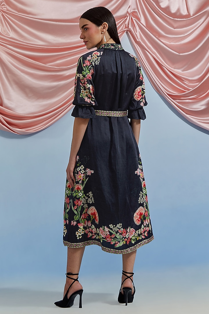 Black Linen Satin Floral Hand Embroidered Vacation Shirt Dress by POZRUH at Pernia's Pop Up Shop