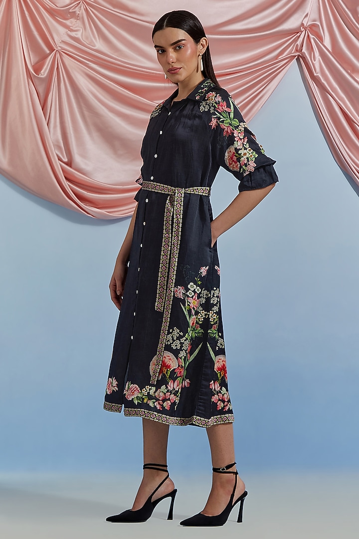 Black Linen Satin Floral Hand Embroidered Vacation Shirt Dress by POZRUH at Pernia's Pop Up Shop