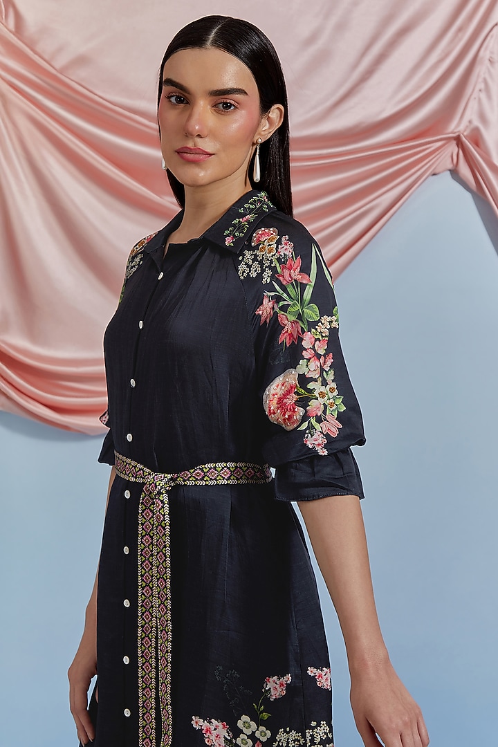 Black Linen Satin Floral Hand Embroidered Vacation Shirt Dress by POZRUH at Pernia's Pop Up Shop