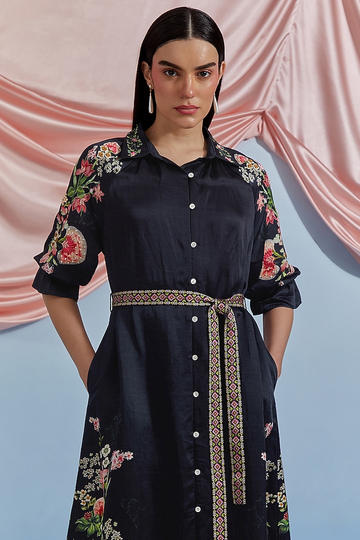 Black Linen Satin Floral Hand Embroidered Vacation Shirt Dress by POZRUH at Pernia's Pop Up Shop