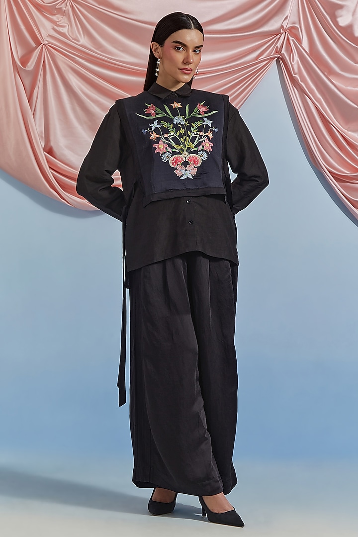 Black Linen Satin Silk Floral Embroidered Co-Ord Set by POZRUH at Pernia's Pop Up Shop
