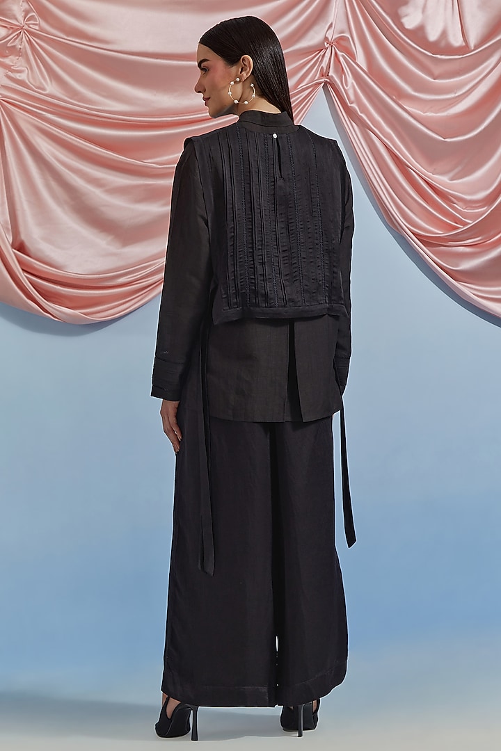 Black Linen Satin Silk Floral Embroidered Co-Ord Set by POZRUH at Pernia's Pop Up Shop
