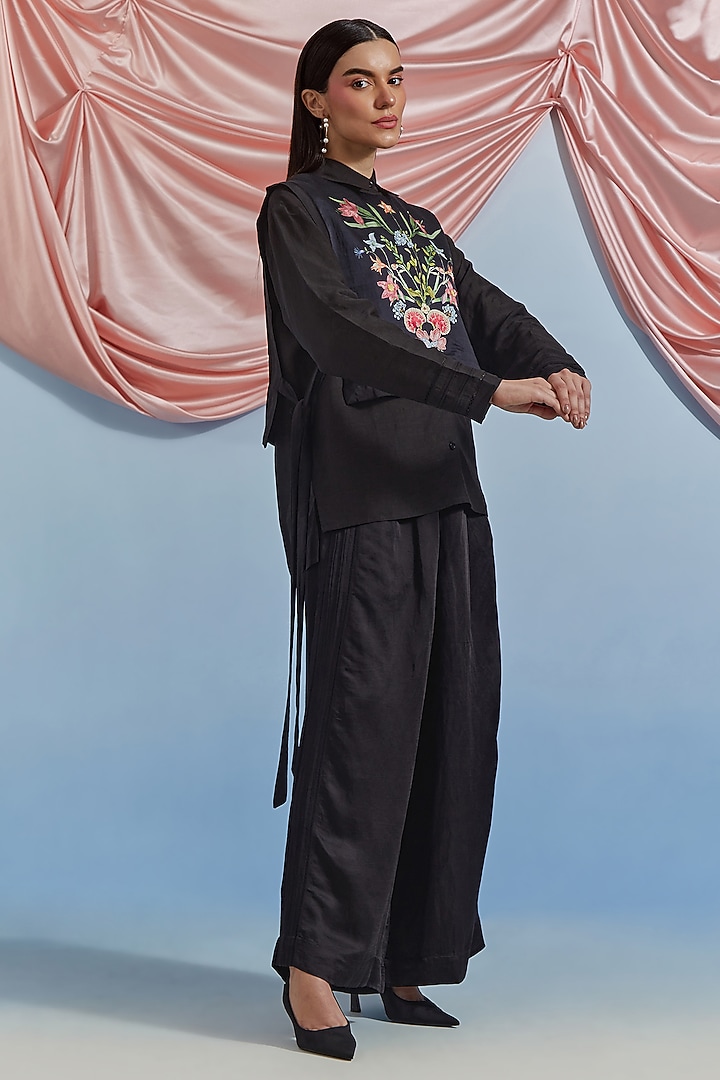 Black Linen Satin Silk Floral Embroidered Co-Ord Set by POZRUH at Pernia's Pop Up Shop